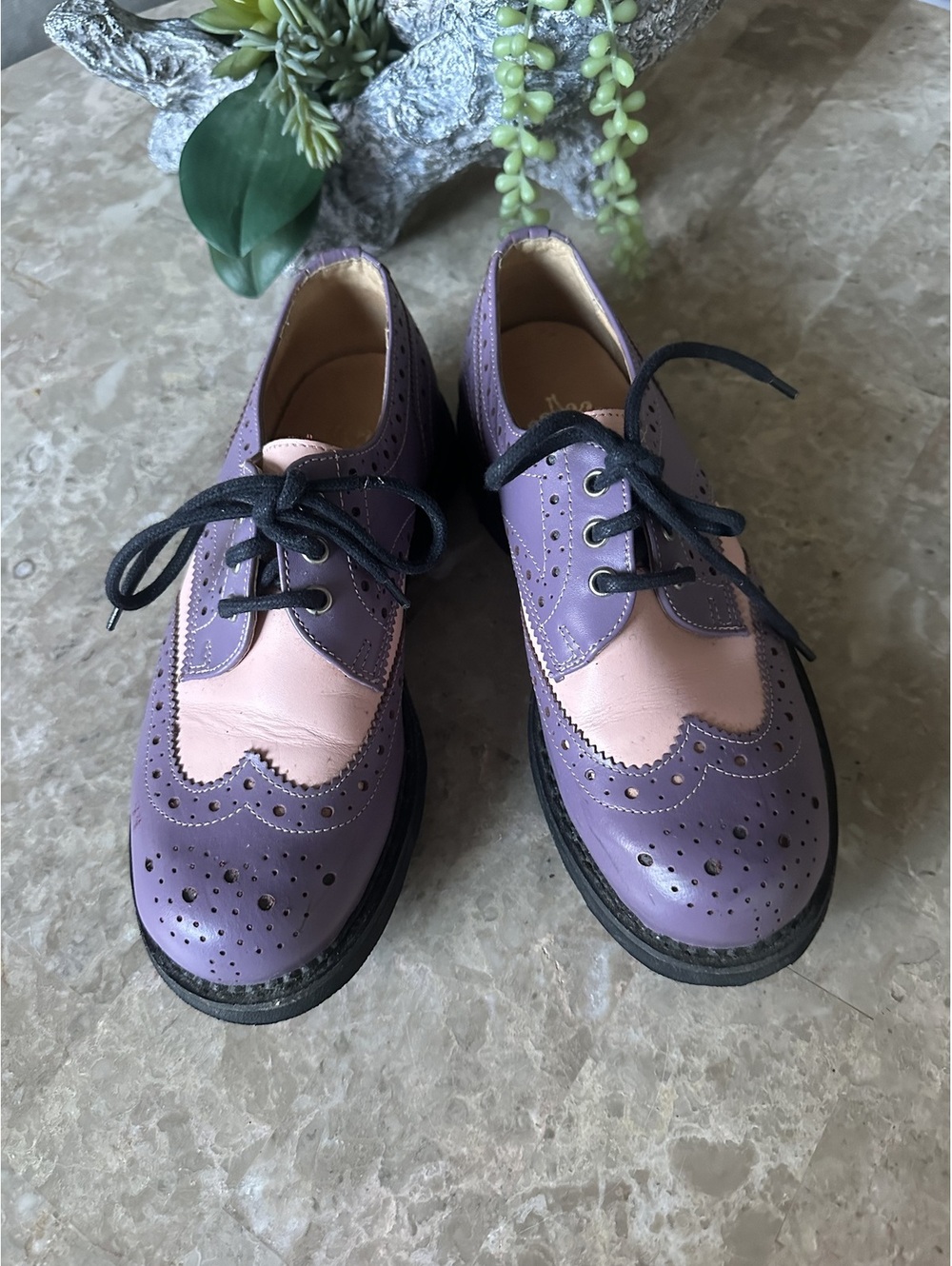 John Fluevog "Michael" oxford brogues in a mauve and pink leather colorway.